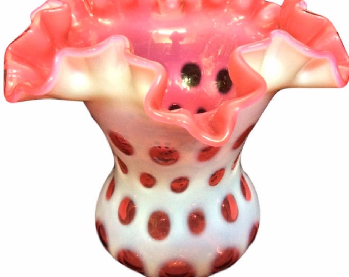 Fenton Cranberry Vase, Opalescent Glass Ruffled Rim Vintage Vase, Gift For Her