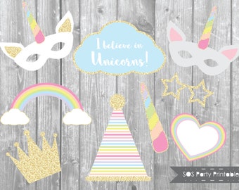 Unicorn Photo booth Props, Unicorn Party Printables, Unicorn photobooth props, Printable Props, Rainbow, Gold Glitter, Unicorn Props