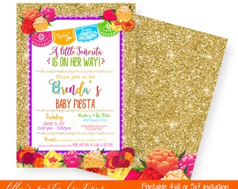 Mexican Fiesta Baby Shower Invitation, Fiesta Floral Gold Glitter Invitation - YOU PRINT