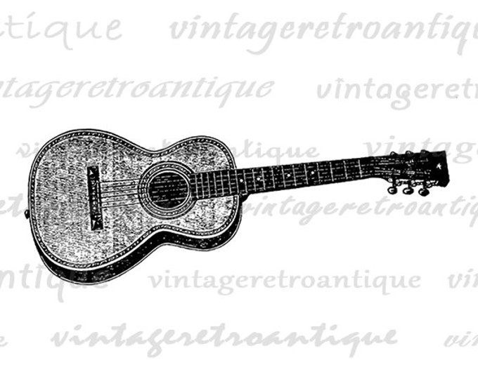 Antique Acoustic Guitar Graphic Printable Digital Music Image Illustration Download Artwork Vintage Clip Art Jpg Png HQ 300dpi No.1098