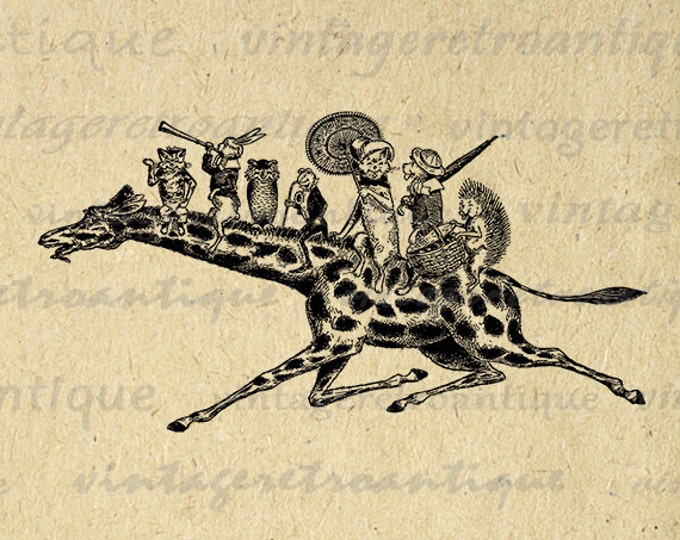 Giraffe with Animals Riding on Back Printable Graphic Download Illustration Image Digital Vintage Clip Art Jpg Png HQ 300dpi No.3340