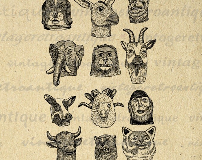 Digital Antique Animal Heads Image Download Cat Dog Elephant Animals Graphic Printable Vintage Clip Art Jpg Png Eps HQ 300dpi No.1791