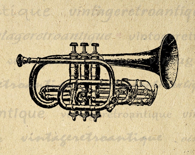 Cornet Trumpet Graphic Printable Image Music Illustration Download Digital Antique Clip Art for Transfers etc HQ 300dpi No.1195