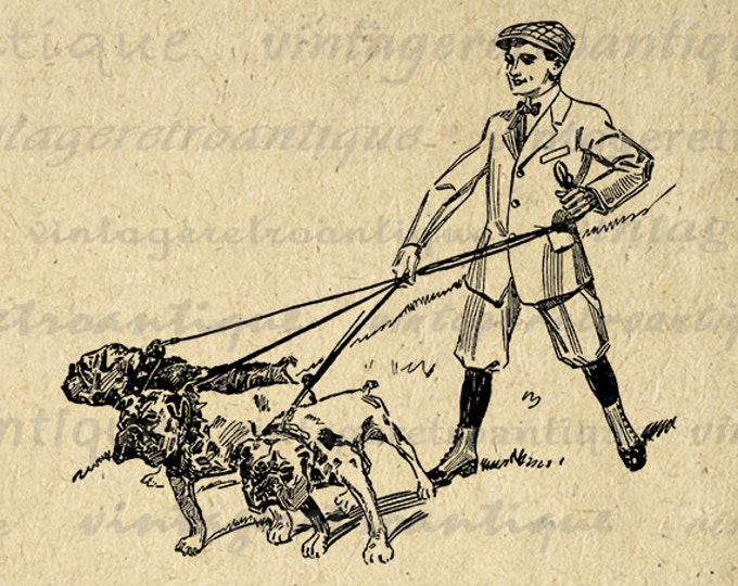 Printable Digital Boy Walking Bulldogs Image Dog Graphic Download Vintage Clip Art Jpg Png Eps HQ 300dpi No.1164