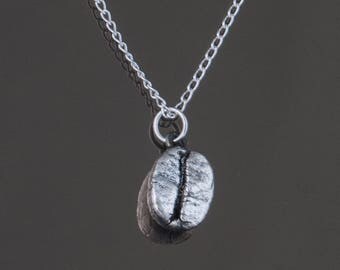 Real coffee bean dipped in silver, silver coffee bean necklace, gift for coffee lover, handmade silver jewellery, electroformed