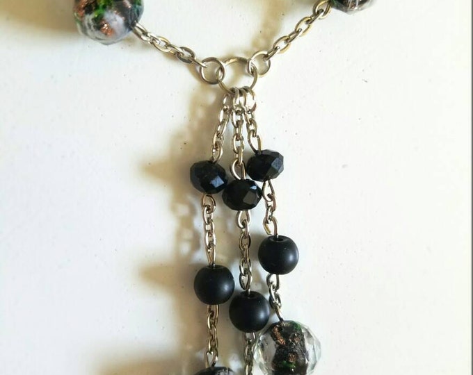 Black Gold Beaded Glass Rose Bead Chain Dangle Necklace