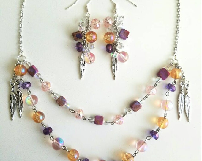 Pink Purple Amber Opal Stone Feather Beaded Multi Strand Chain Necklace