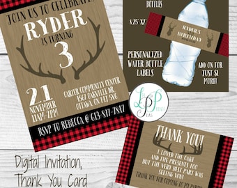 Buffalo Plaid Birthday Invitation, Lumberjack Birthday Invitation, Rustic Invitation, Lumberjack Thank You Card, Buffalo Plaid Water Bottle