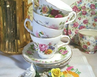 Vintage Mismatched Tea set for Four, Teacups and saucers in English Bone China.