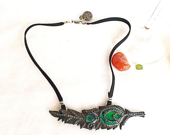 Aventurine and Green Abalone Shell Antique Silver Feather Pendant on Black Deer Skin Leather Choker, Boho Crystal Necklace Gypsy