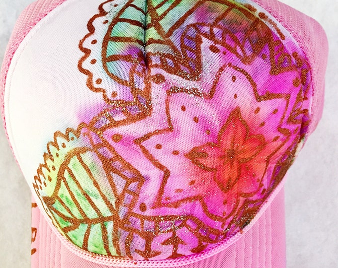 Hand Painted Water Color Boho Paisley Flower Pink Trucker Hat, Floral Henna Design in Pastels, Bronze Metallic and Glitter Paint