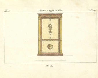 Original Antique Hand Colored Engraving,Furniture from Collection de Meubles et Objets de Goût by Pierre de La Mésangère (1761-1831)