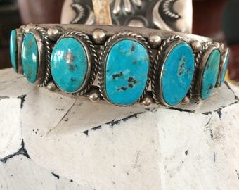 Vintage heavy turquoise and sterling Navajo cuff