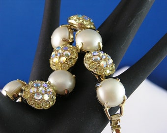 Stunning Vintage Aurora Borealis Rhinestone & Faux Pearl Bracelet