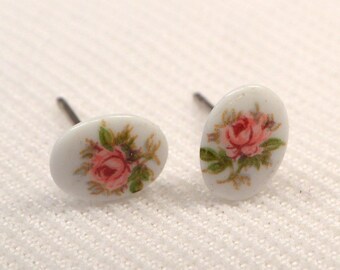 White Oval Pink English Rose Post Earrings, Soft Pink Earrings, Pink Rose Jewelry, Flower Post Earrings, Dainty Minimalist Earrings (E17)
