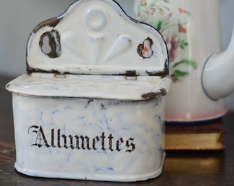 French Antiques - Allumettes Enamel Match Box - French Antique Enamelware Box, Graniteware Allumette Matches for Kitchen