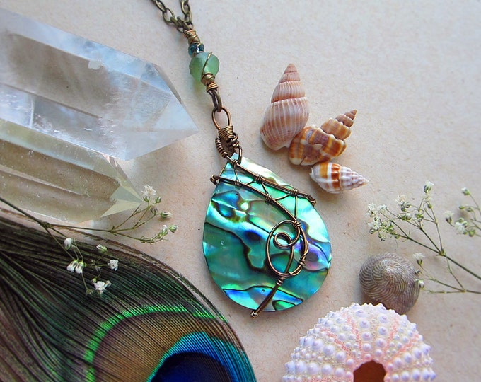 Wire wrapped necklace "Mermaid Spirit" with abalone pendant paired with faceted Czech glass beads. Custom chain length.