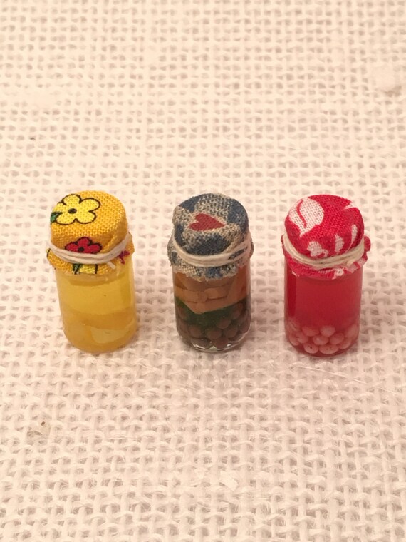 Dollhouse miniature handmade glass jars food set of 3 Fruits