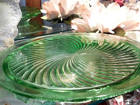 1930s Green Vaseline Uranium Depression Glass Cake Plate SPIRAL Anchor Hocking Art Deco Vintage Kitchen Cottage Home Decor Country Wedding