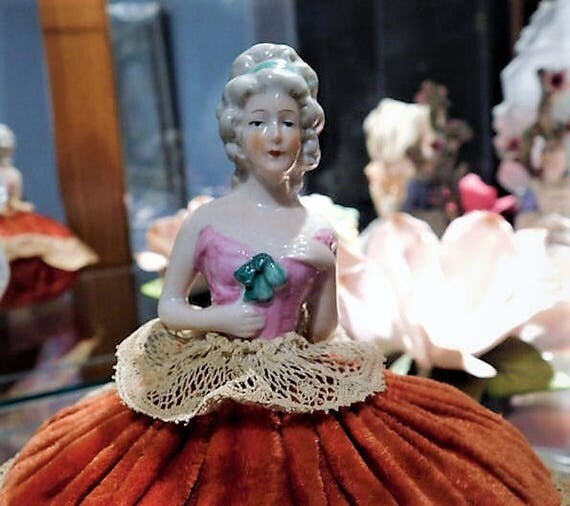 German Porcelain Half Doll Marie Antoinette Pin Cushion Pincushion Doll 1920s Germany Sewing Cushion Hat Pin Display Dresser Vanity Decor