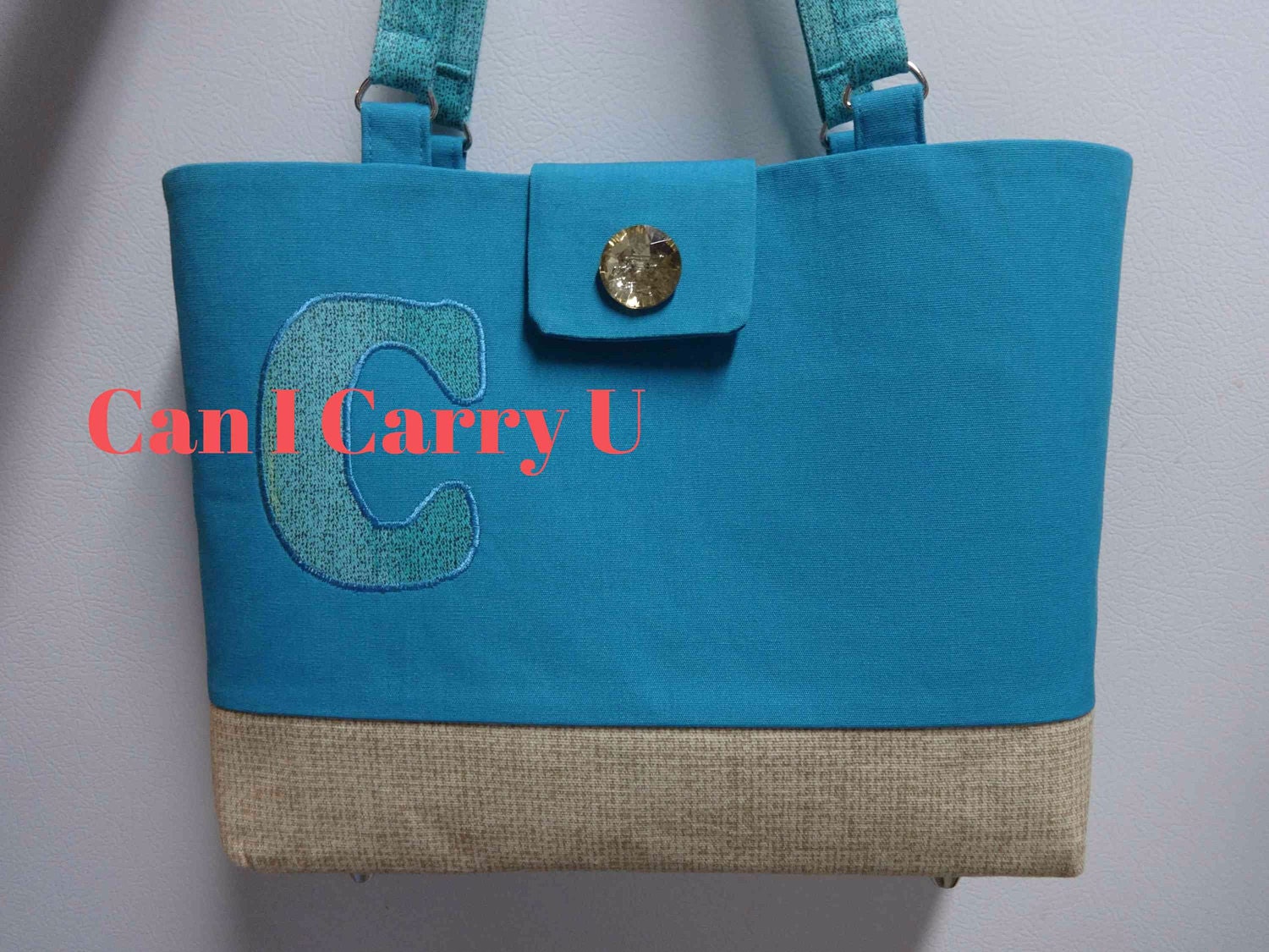 Monogram pocketbook purse canvas toteturquoise blue and