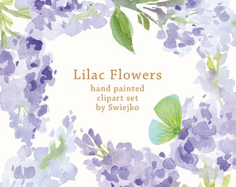 Digital Watercolor Lilac Flowers and Butterflies, hand painted floral clipart, cottage garden, countryside wedding, stationery, vintage