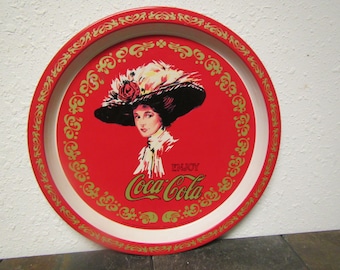 Enjoy Coca Cola Round Serving Tray , Coke Tray , Collector tray, 12 3/4 inches across , 1982 drink tray