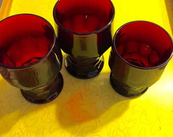 3 Vintage Dark Red Thumbprint Honeycomb Georgian Anchor Hocking? Heavy Water Glasses Hollywood Waldorf Wedding Beverage Drinkware