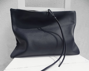 Oversize Navy Leather Clutch/Big Leather Clutch/Large Navy Leather Clutch/Zipper Clutch/Oversize Leather Case/Blue Bag