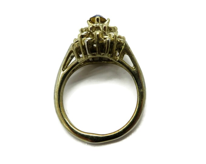 Sapphire Glass Cocktail Ring, Vintage Blue and White 14kt Gold Plated Ring, Size 7.25