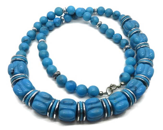 Vintage Blue Beaded Necklace, Chunky Drum Bead Necklace