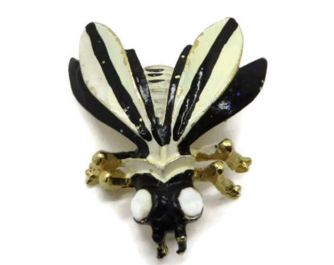 Weiss Bee Brooch, Vintge Black and Cream Enamel Bee Pin, Gold Tone Wasp Brooch