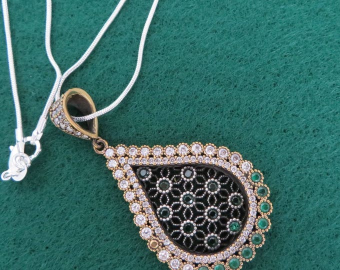 Sterling Silver Emerald Pendant - Vintage Teardrop Gemstone Pendant Necklace, Gift for Her