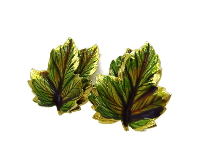 Weiss Leaf Earrings, Vintage Green Leaf, Signed Weiss Jewelry Gold Tone Clip-on Earrings