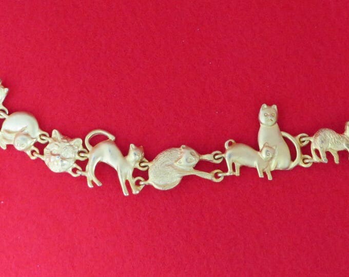 Vintage Cat Bracelet, AJC Jewelry, Cat Lovers Bracelet, Gold Tone Link Bracelet
