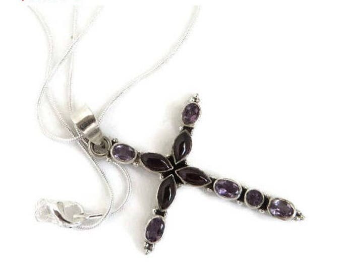 ON SALE! Vintage Amethyst and Garnet Sterling Silver Cross Pendant Necklace