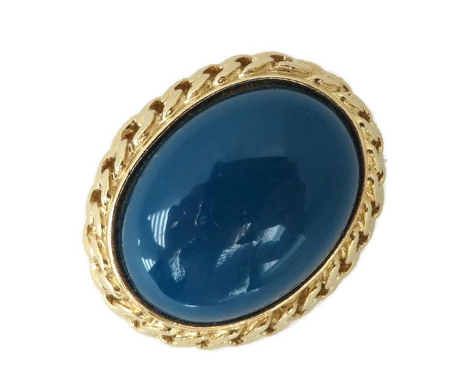 Trifari Gold Tone Pin Brooch Blue Cabochon 1980s Pin Designer Runway Estate Costume Vintage Signed