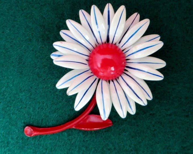 Vintage Red White Blue Enamel Daisy Pin, 1960s Flower Brooch Retro Flower Spring Summer Jewelry