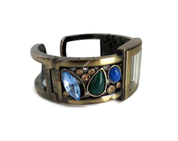 Vintage Bracelet Watch, Faux Gemstone, Rhinestone Cuff, Women's Bracelet Watch