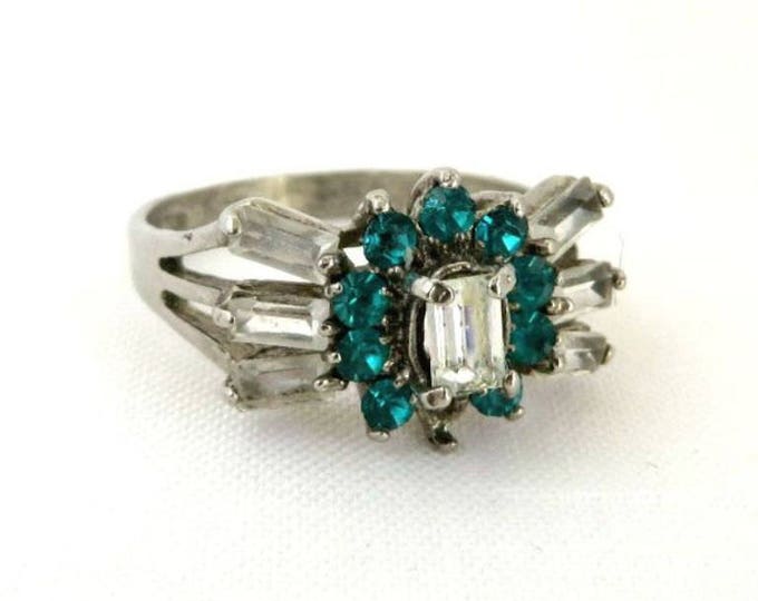 Blue White Faux Topaz Cocktail Ring Vintage Estate Sterling Silver Costume Jewelry Gift Size 8, Missing Stone