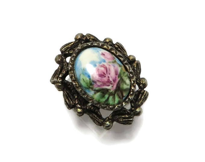 Vintage Flower Scene Antique Style Ring, Pink Rose Adjustable Cocktail Ring Size 5