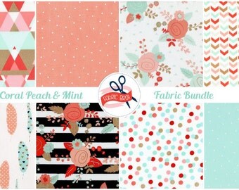 CORAL & MINT Fabric Bundle Fabric by the Yard Fat Quarter Stripe Fabric Triangle Fabric Quilting Fabric 100% Cotton Fabric Apparel Fabric