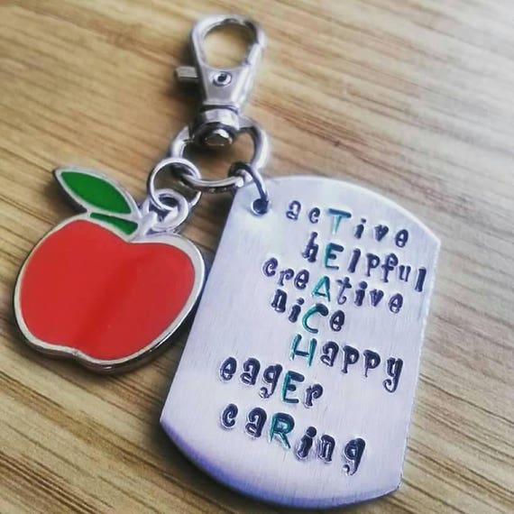 Teacher keyring word art keyring with apple charm end of
