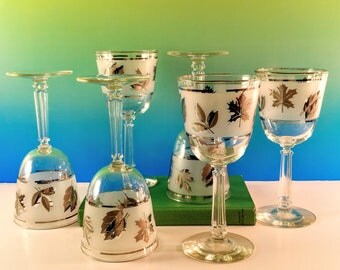 Set of 6 Libbey Rock Sharpe Silver Leaf Water or Wine Goblets. Mid Century Stemware. 1960's, Mad Men Barware. Bridal Shower & Wedding Gift.