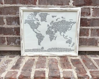 Hand Lettered- Story of Creation- Genesis 1-2:3- Hand Drawn World Map- Calligraphy- Framed Wall Art- White Distressed Frame- Black Lettering
