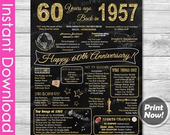 60th Anniversary Gift INSTANT DOWNLOAD, 60th Wedding Anniversary Gift Chalkboard Poster Sign Party PRINTABLE 60 Years Ago Banner 1957 Poster
