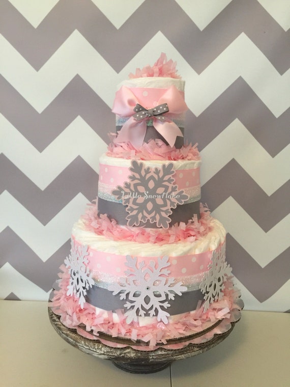 Little Snowflake Diaper Cake In Pink And Gray Winter Baby