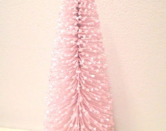 Light Pink Bottle Brush Tree, 10 Inch Tall, Crystal Glitter Flocked, Christmas Tree Shabby Chic Village Putz Garden Pretty