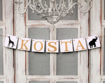 SAFARI BABY SHOWER Decorations - Custom Name Signs - Giraffe Elephant Name BANNerS