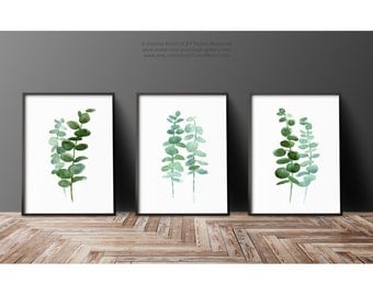 Set of 3 Plants Watercolor Painting, Botanical Illustration, Mint Art Print, Eucalyptus Leaves Green Kitchen Decor, Living Room Plant Poster